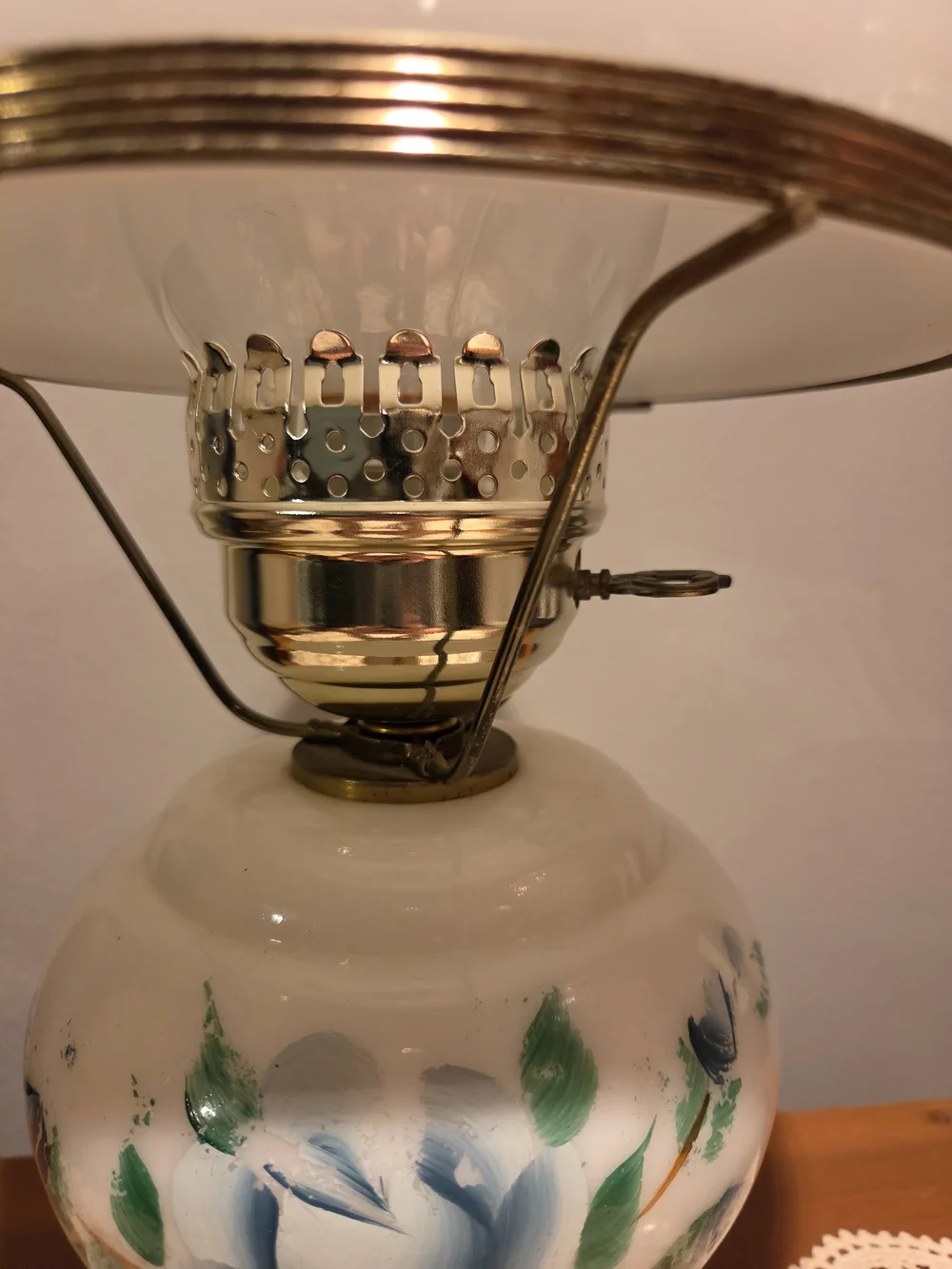 Vintage Hurricane Lamp Milk Glass Hand-Painted Blue Roses Cottage Grandma